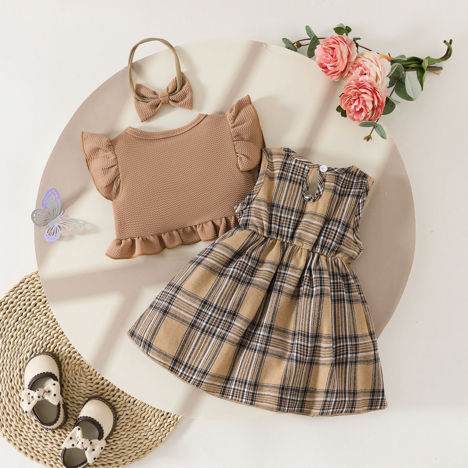 3 Pcs Summer Baby Girl Dress Set Sleeveless Ruffle Crop Jacket Top with Bow Headband Plaid Bow Dress and Infant Toddler Outfit for 3 Months to 3 Years Girls Cute Princess Clothing Set