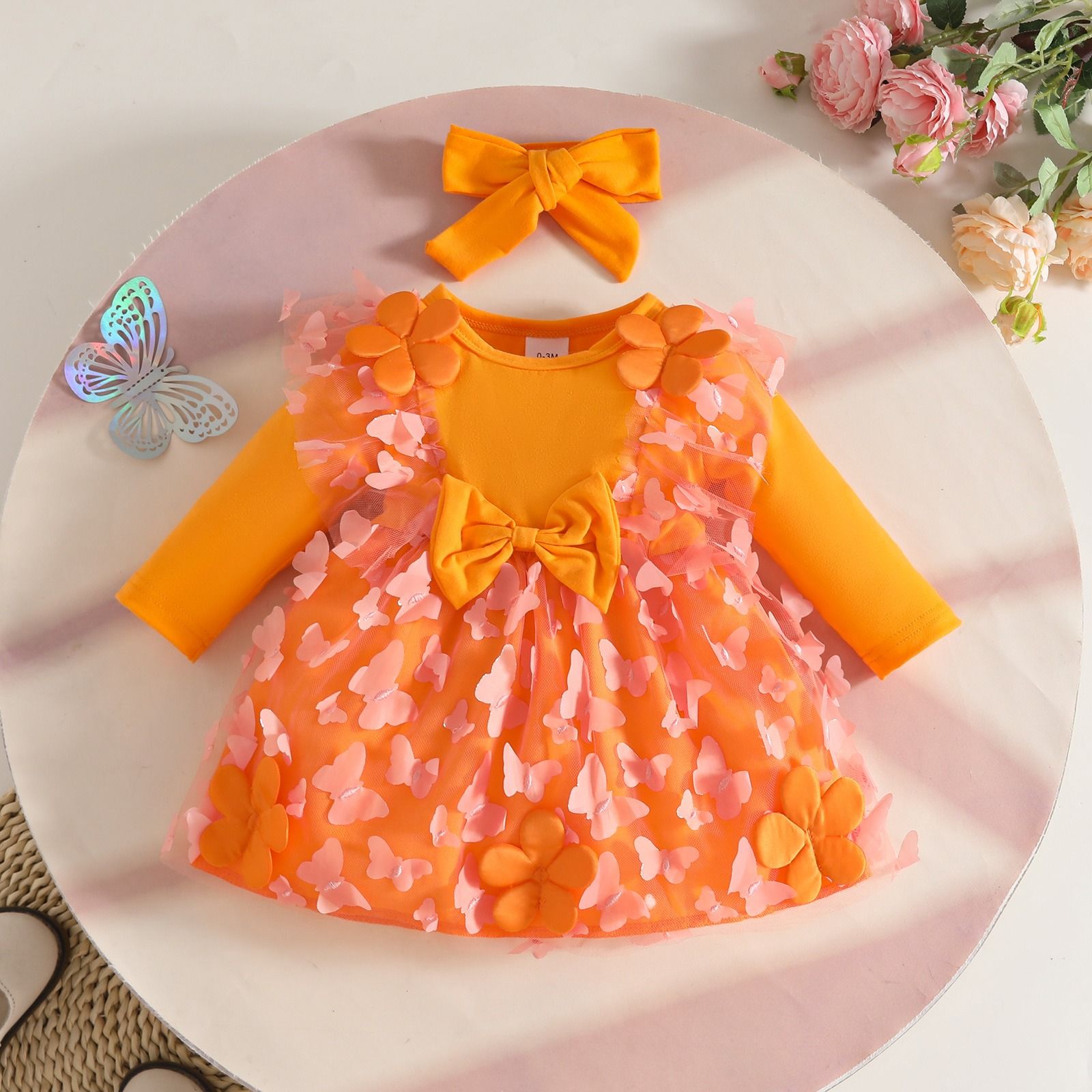 2-Piece Sweet Outfit Baby Girl Autumn Winter Dress Set Knitted Long Sleeve Solid Color Dress with Butterfly Tulle PatchworkPleated Ruffle Trim One-Piece Dress with Bow Headband for Infant Girls