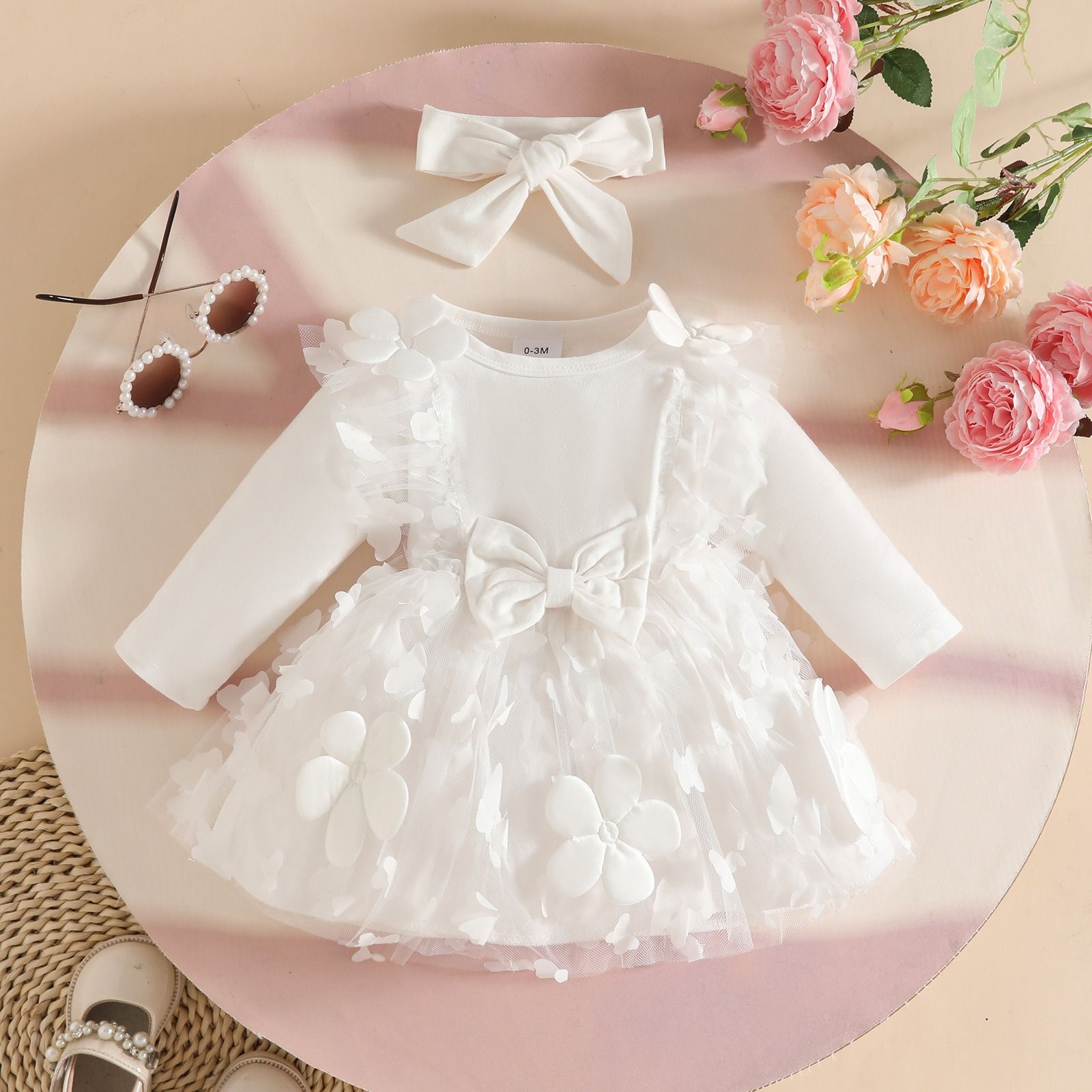 2-Piece Sweet Outfit Baby Girl Autumn Winter Dress Set Knitted Long Sleeve Solid Color Dress with Butterfly Tulle PatchworkPleated Ruffle Trim One-Piece Dress with Bow Headband for Infant Girls