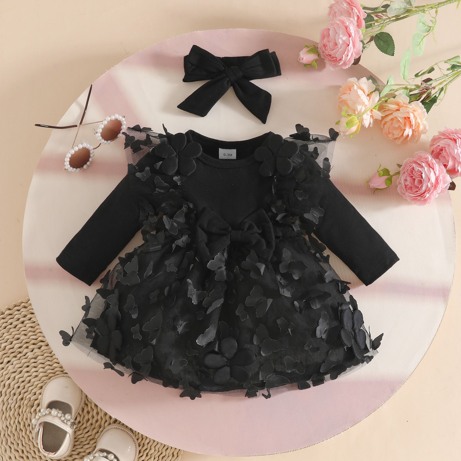 2-Piece Sweet Outfit Baby Girl Autumn Winter Dress Set Knitted Long Sleeve Solid Color Dress with Butterfly Tulle PatchworkPleated Ruffle Trim One-Piece Dress with Bow Headband for Infant Girls