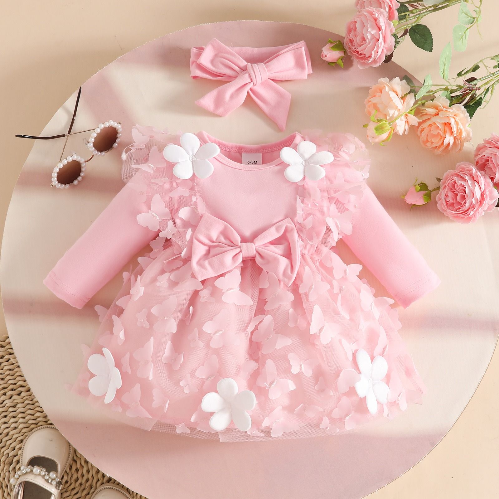 2-Piece Sweet Outfit Baby Girl Autumn Winter Dress Set Knitted Long Sleeve Solid Color Dress with Butterfly Tulle PatchworkPleated Ruffle Trim One-Piece Dress with Bow Headband for Infant Girls