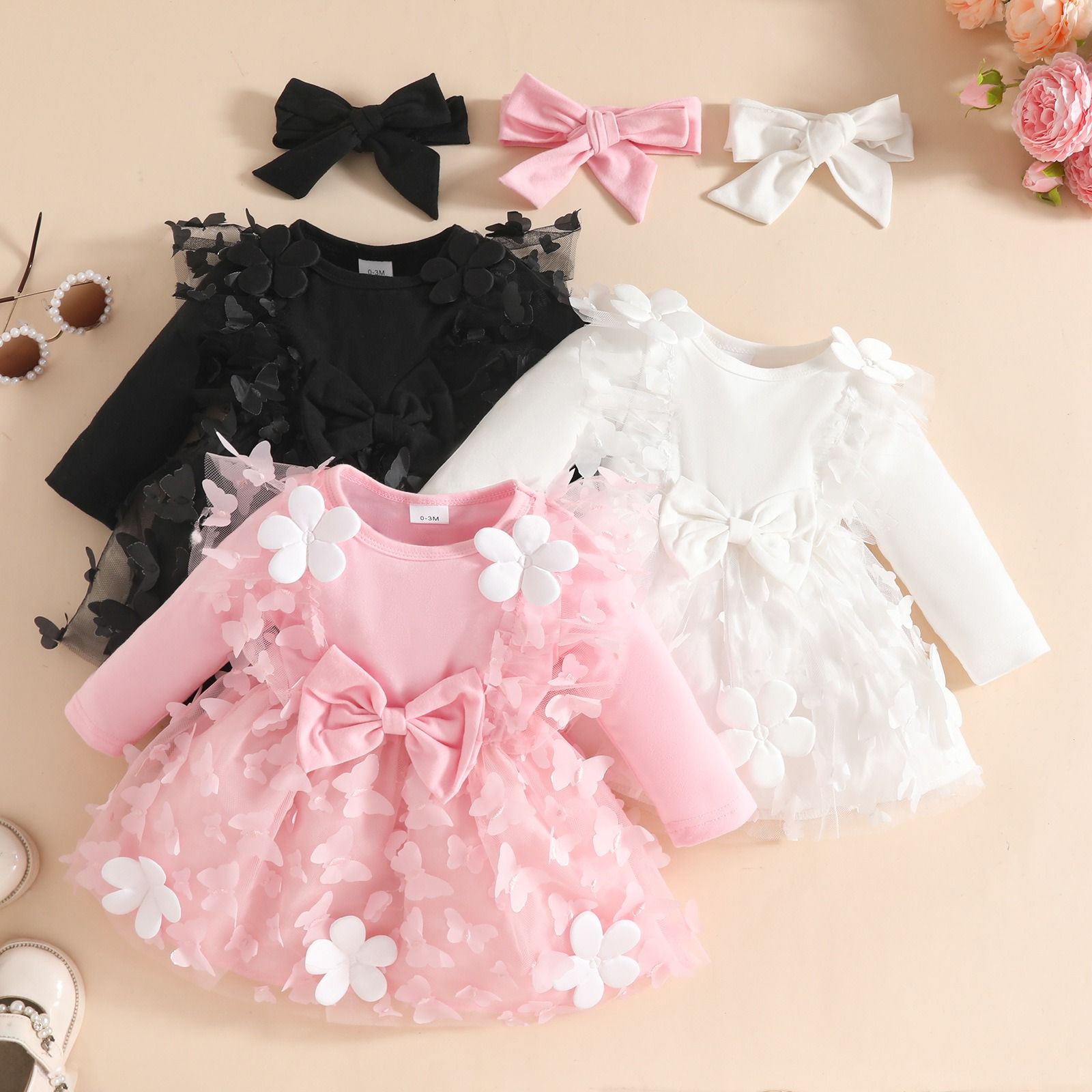 2-Piece Sweet Outfit Baby Girl Autumn Winter Dress Set Knitted Long Sleeve Solid Color Dress with Butterfly Tulle PatchworkPleated Ruffle Trim One-Piece Dress with Bow Headband for Infant Girls