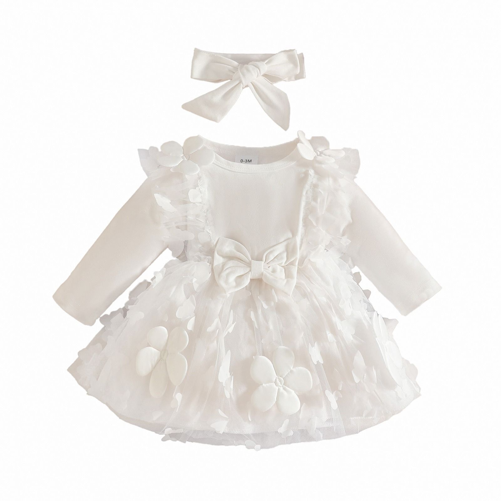 2-Piece Sweet Outfit Baby Girl Autumn Winter Dress Set Knitted Long Sleeve Solid Color Dress with Butterfly Tulle PatchworkPleated Ruffle Trim One-Piece Dress with Bow Headband for Infant Girls