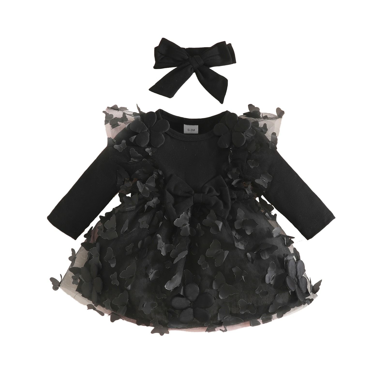 2-Piece Sweet Outfit Baby Girl Autumn Winter Dress Set Knitted Long Sleeve Solid Color Dress with Butterfly Tulle PatchworkPleated Ruffle Trim One-Piece Dress with Bow Headband for Infant Girls