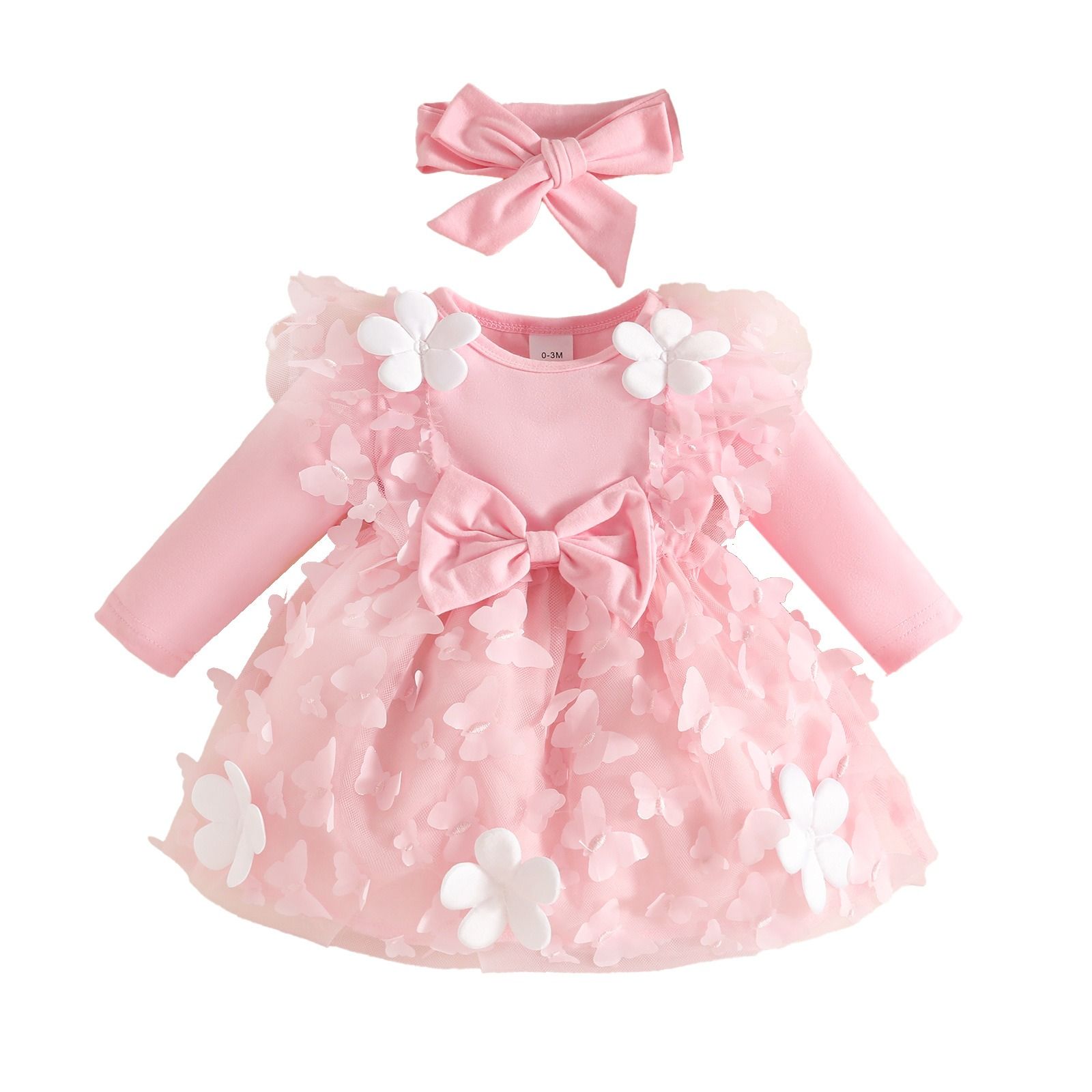 2-Piece Sweet Outfit Baby Girl Autumn Winter Dress Set Knitted Long Sleeve Solid Color Dress with Butterfly Tulle PatchworkPleated Ruffle Trim One-Piece Dress with Bow Headband for Infant Girls
