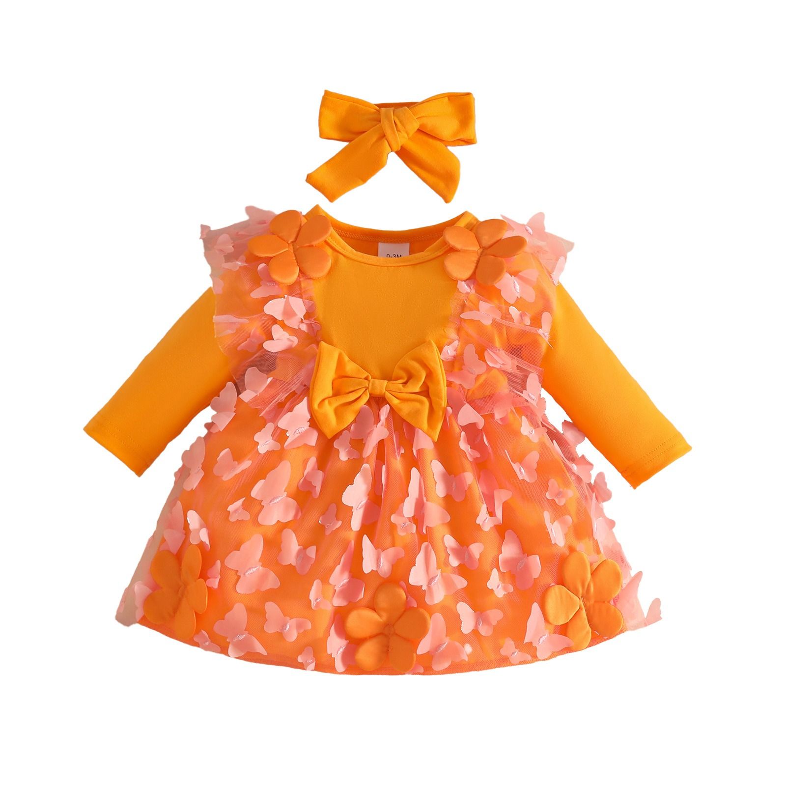 2-Piece Sweet Outfit Baby Girl Autumn Winter Dress Set Knitted Long Sleeve Solid Color Dress with Butterfly Tulle PatchworkPleated Ruffle Trim One-Piece Dress with Bow Headband for Infant Girls