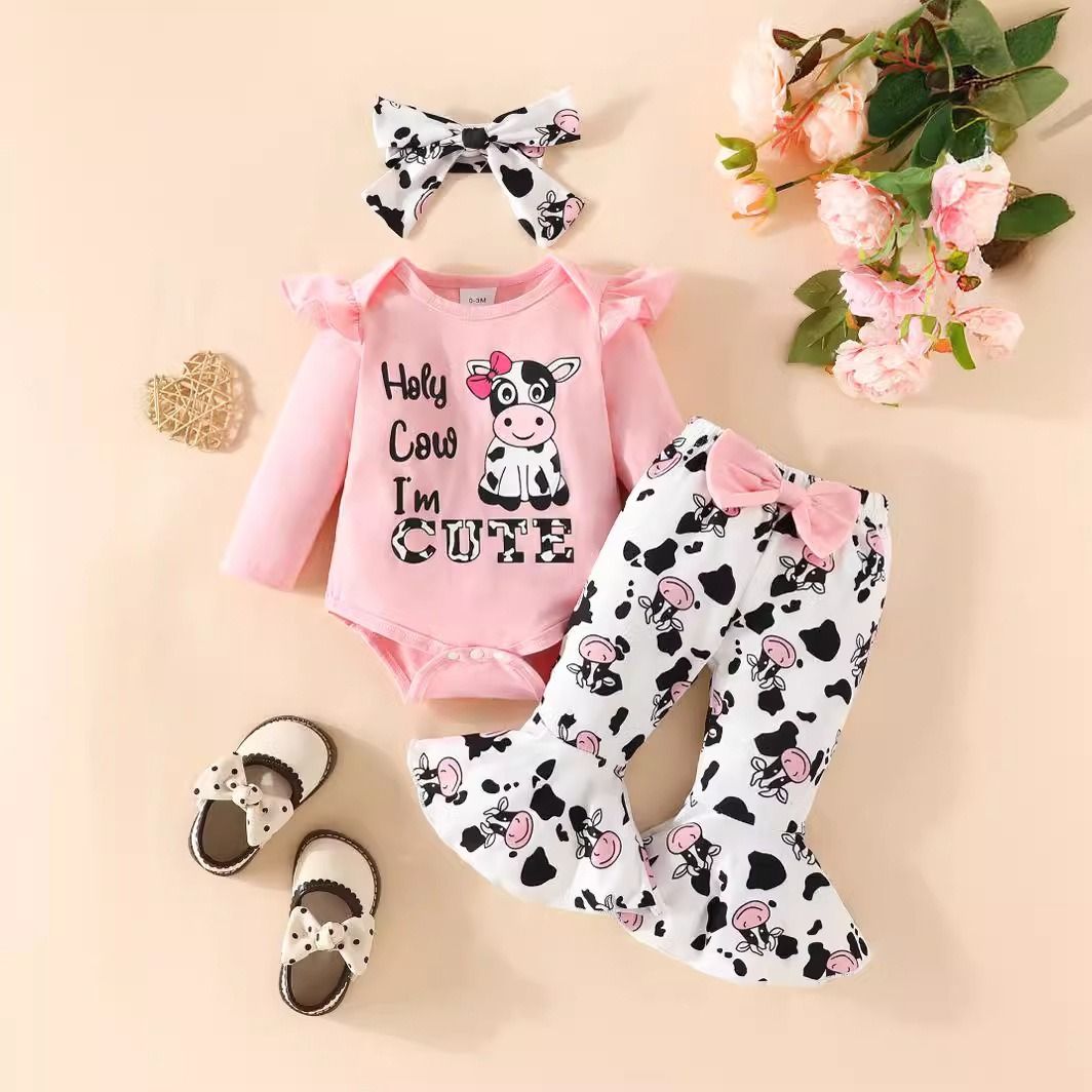 Baby Cute Outfit Set Long Sleeve T-Shirt and Cow Print Long Pants with Bow Headband 3-Piece Infant Clothing Set Adorable Casual Baby Wear for Girls