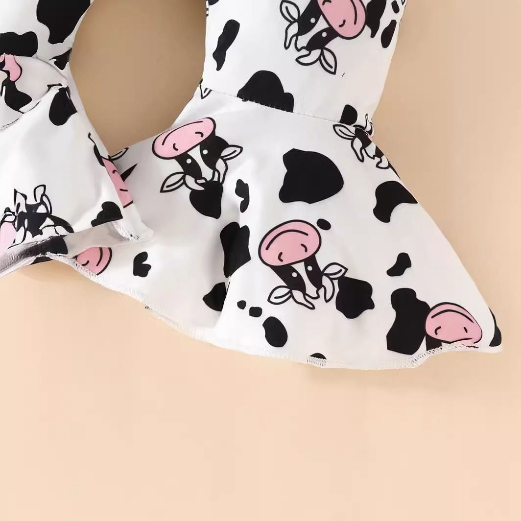 Baby Cute Outfit Set Long Sleeve T-Shirt and Cow Print Long Pants with Bow Headband 3-Piece Infant Clothing Set Adorable Casual Baby Wear for Girls