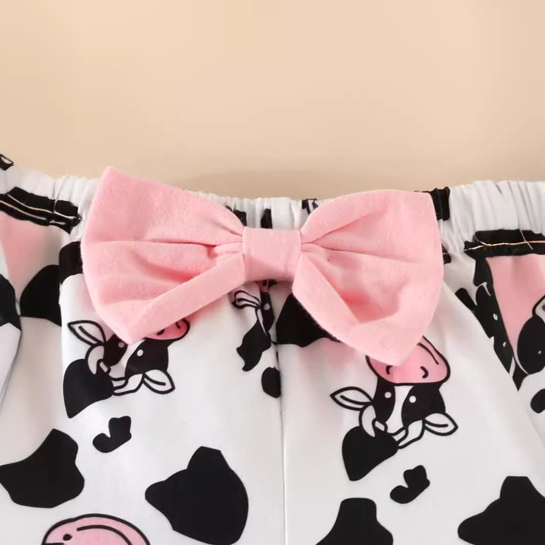 Baby Cute Outfit Set Long Sleeve T-Shirt and Cow Print Long Pants with Bow Headband 3-Piece Infant Clothing Set Adorable Casual Baby Wear for Girls