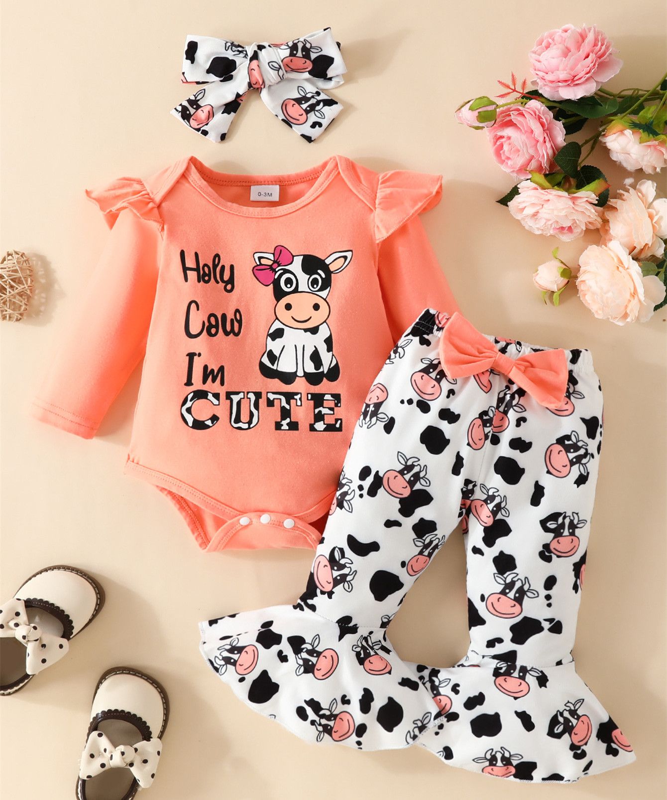 Baby Cute Outfit Set Long Sleeve T-Shirt and Cow Print Long Pants with Bow Headband 3-Piece Infant Clothing Set Adorable Casual Baby Wear for Girls