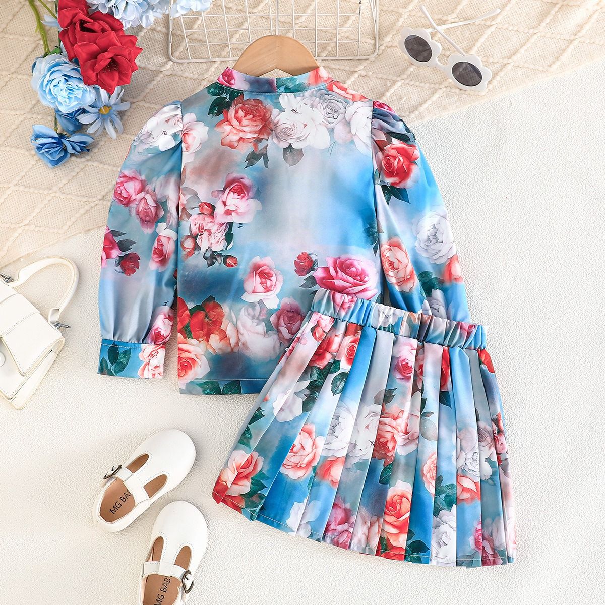 2-Piece Clothing Set Girls Spring Summer Outfit Set, Long Sleeve Floral Print Shirt with Pleated Short Skirt for Little Girls Cute Fashion Kids Wear for Ages 2–7