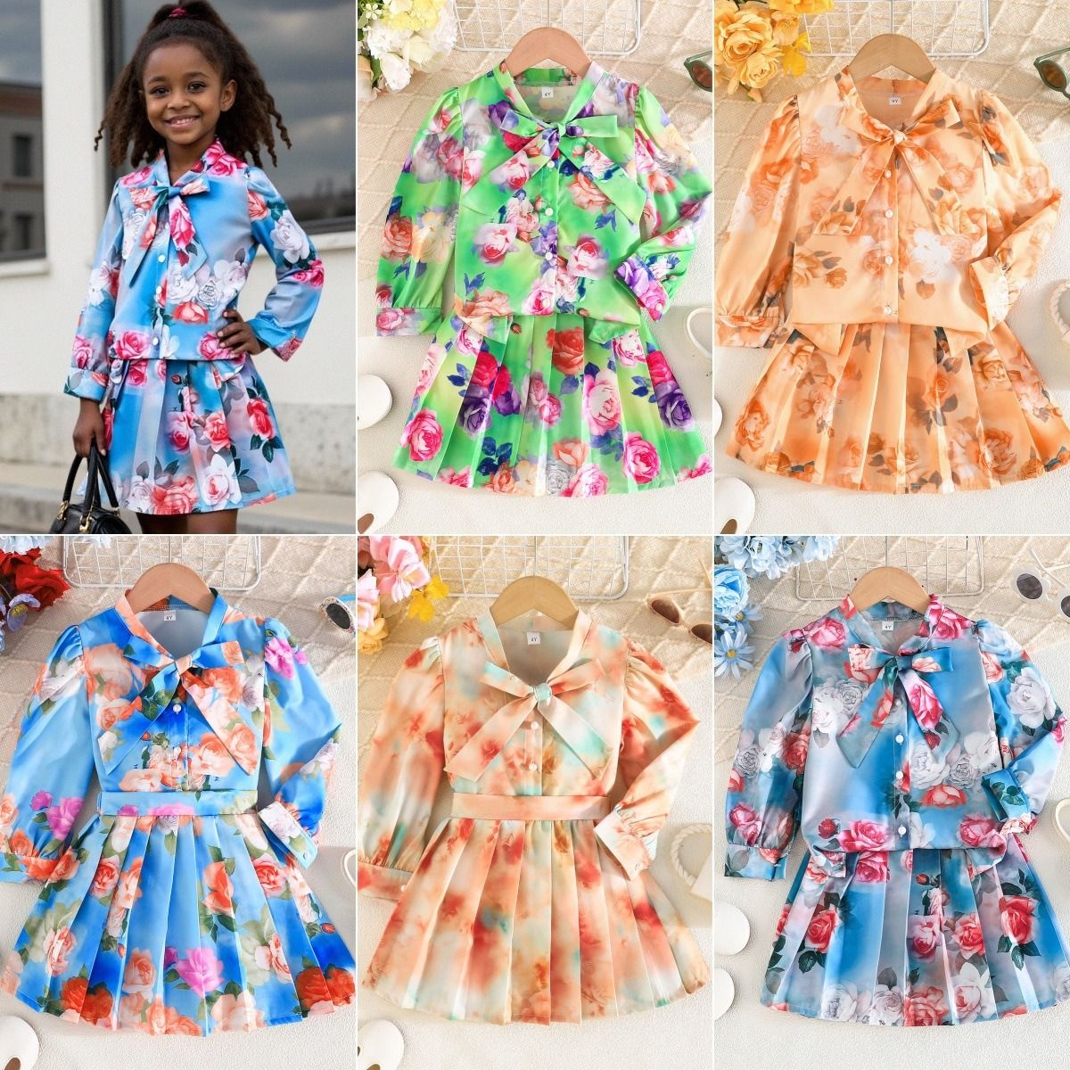 2-Piece Clothing Set Girls Spring Summer Outfit Set, Long Sleeve Floral Print Shirt with Pleated Short Skirt for Little Girls Cute Fashion Kids Wear for Ages 2–7