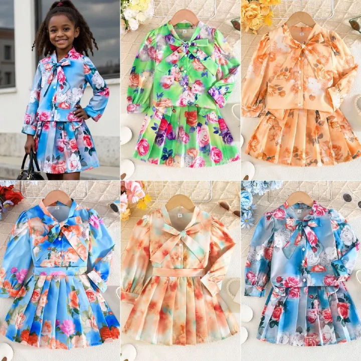 2-Piece Clothing Set Girls Spring Summer Outfit Set, Long Sleeve Floral Print Shirt with Pleated Short Skirt for Little Girls Cute Fashion Kids Wear for Ages 2–7