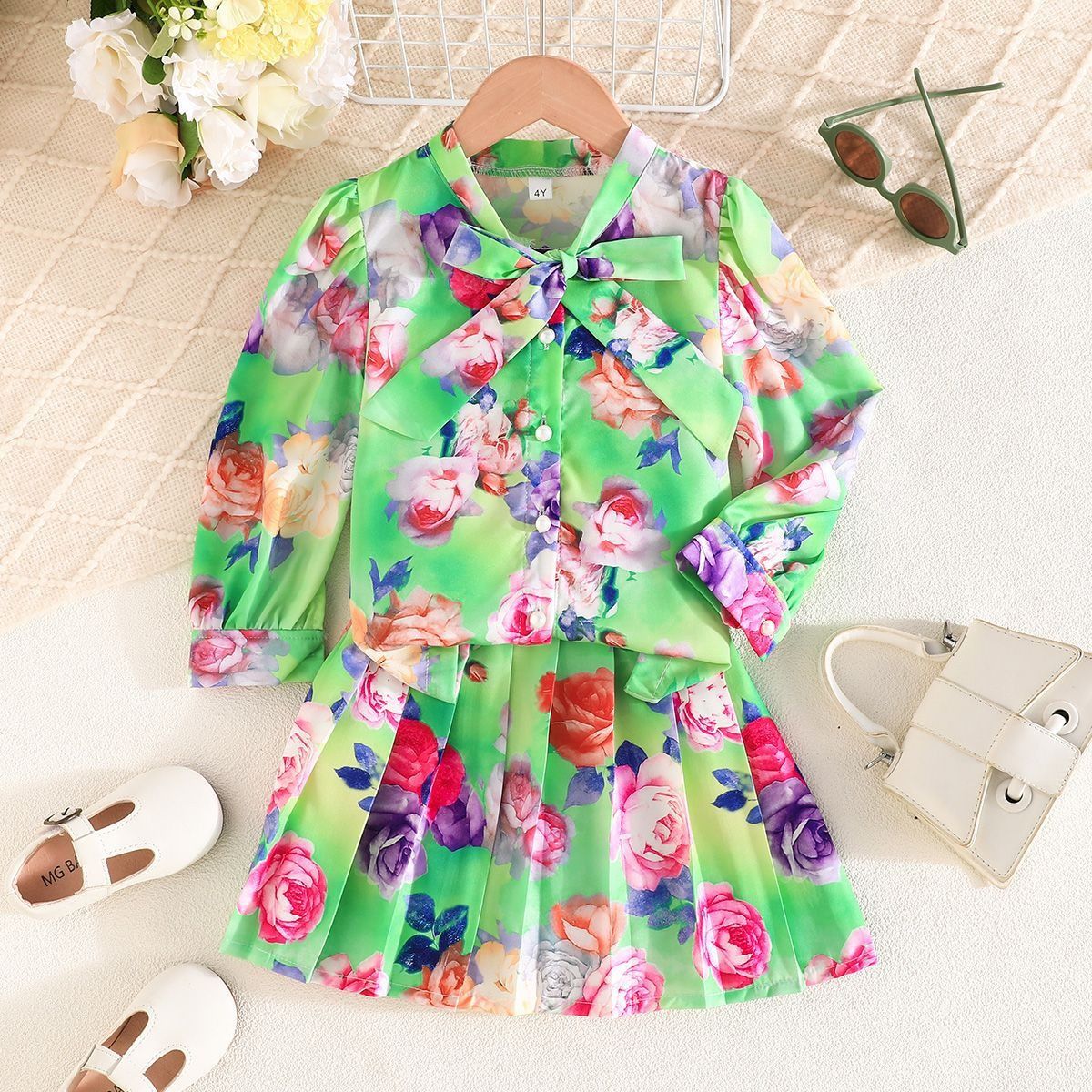2-Piece Clothing Set Girls Spring Summer Outfit Set, Long Sleeve Floral Print Shirt with Pleated Short Skirt for Little Girls Cute Fashion Kids Wear for Ages 2–7