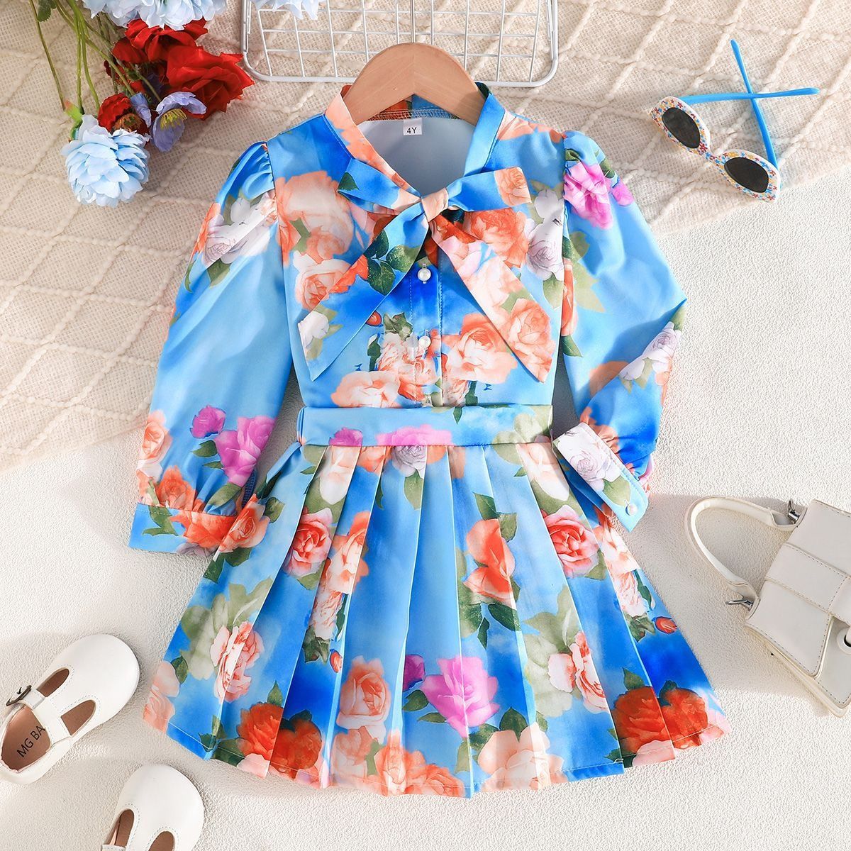 2-Piece Clothing Set Girls Spring Summer Outfit Set, Long Sleeve Floral Print Shirt with Pleated Short Skirt for Little Girls Cute Fashion Kids Wear for Ages 2–7