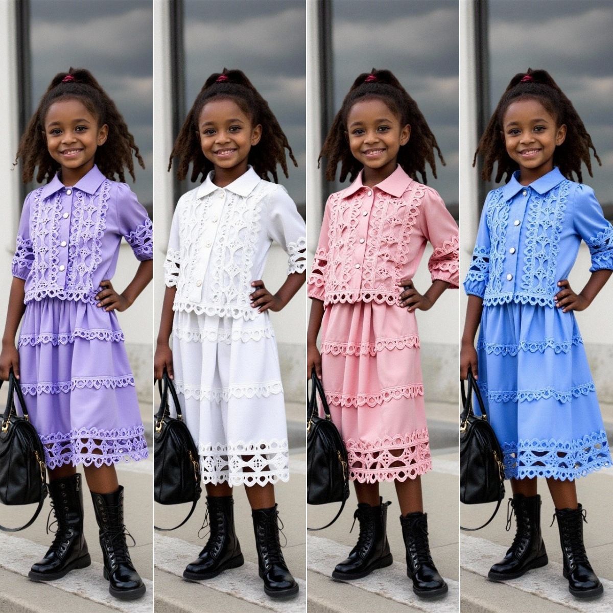 Girls Spring Summer Outfit Set Lace Ruffle Stand Collar Top with Hollow Out Trim and Cropped 3/4 Sleeve Shirt Matching Lace Midi Short Skirt 2-Piece Fashion Clothing Set for Girls Ages 4–7