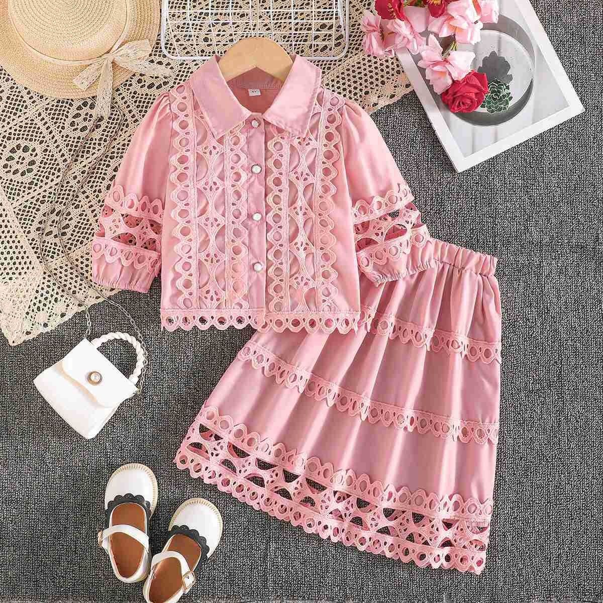Girls Spring Summer Outfit Set Lace Ruffle Stand Collar Top with Hollow Out Trim and Cropped 3/4 Sleeve Shirt Matching Lace Midi Short Skirt 2-Piece Fashion Clothing Set for Girls Ages 4–7