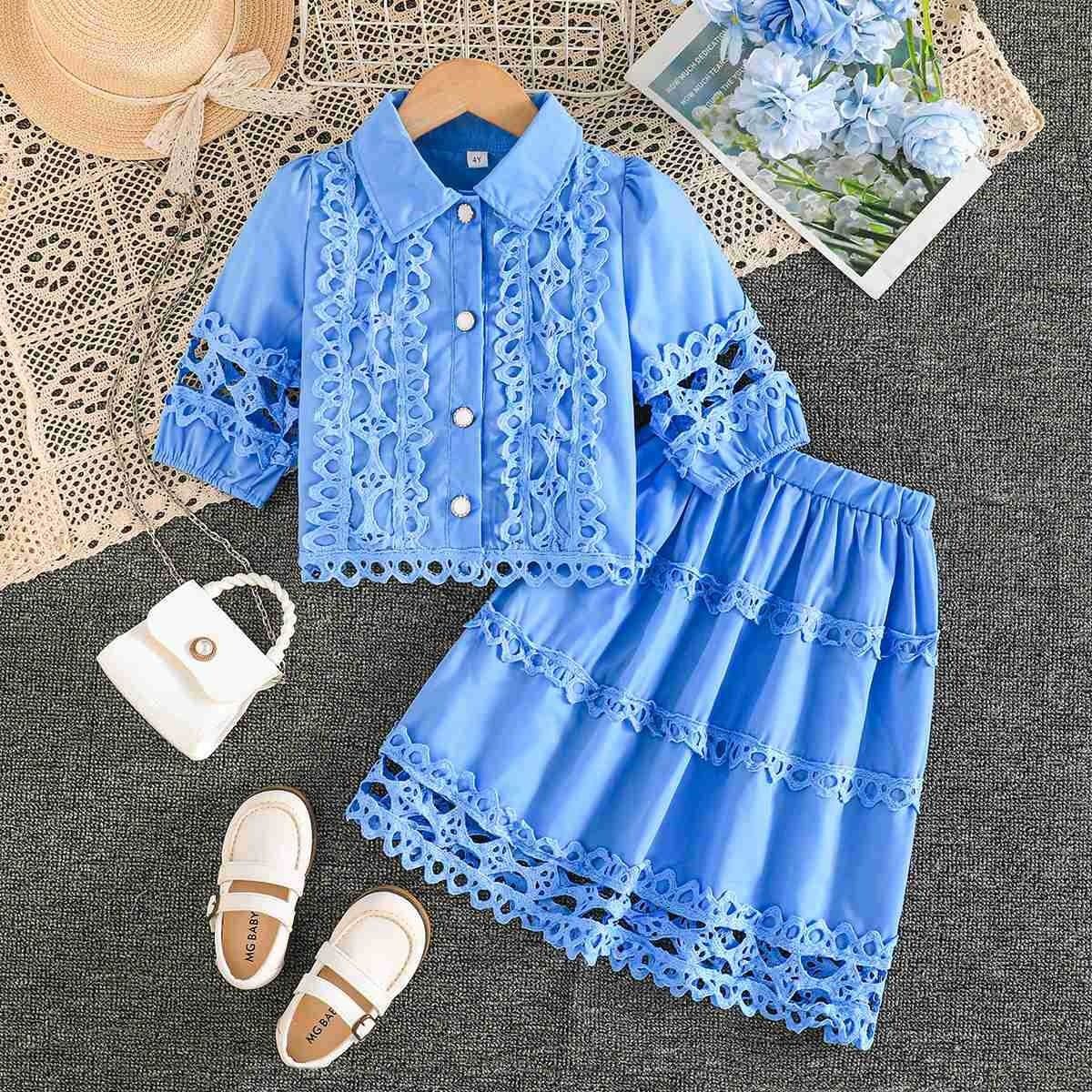 Girls Spring Summer Outfit Set Lace Ruffle Stand Collar Top with Hollow Out Trim and Cropped 3/4 Sleeve Shirt Matching Lace Midi Short Skirt 2-Piece Fashion Clothing Set for Girls Ages 4–7