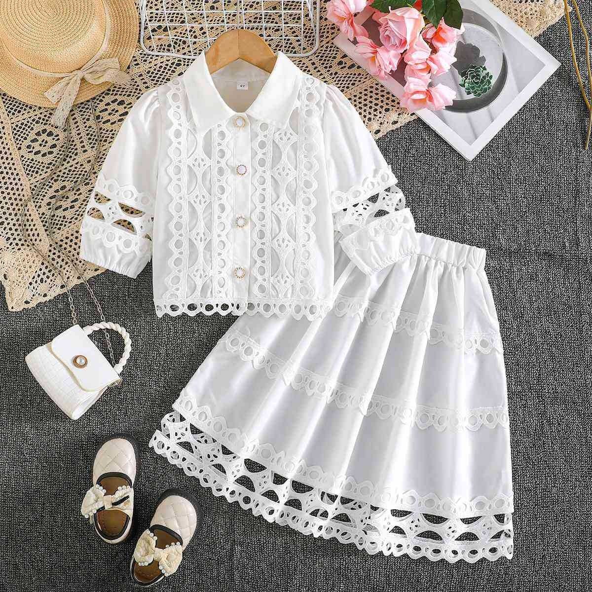 Girls Spring Summer Outfit Set Lace Ruffle Stand Collar Top with Hollow Out Trim and Cropped 3/4 Sleeve Shirt Matching Lace Midi Short Skirt 2-Piece Fashion Clothing Set for Girls Ages 4–7