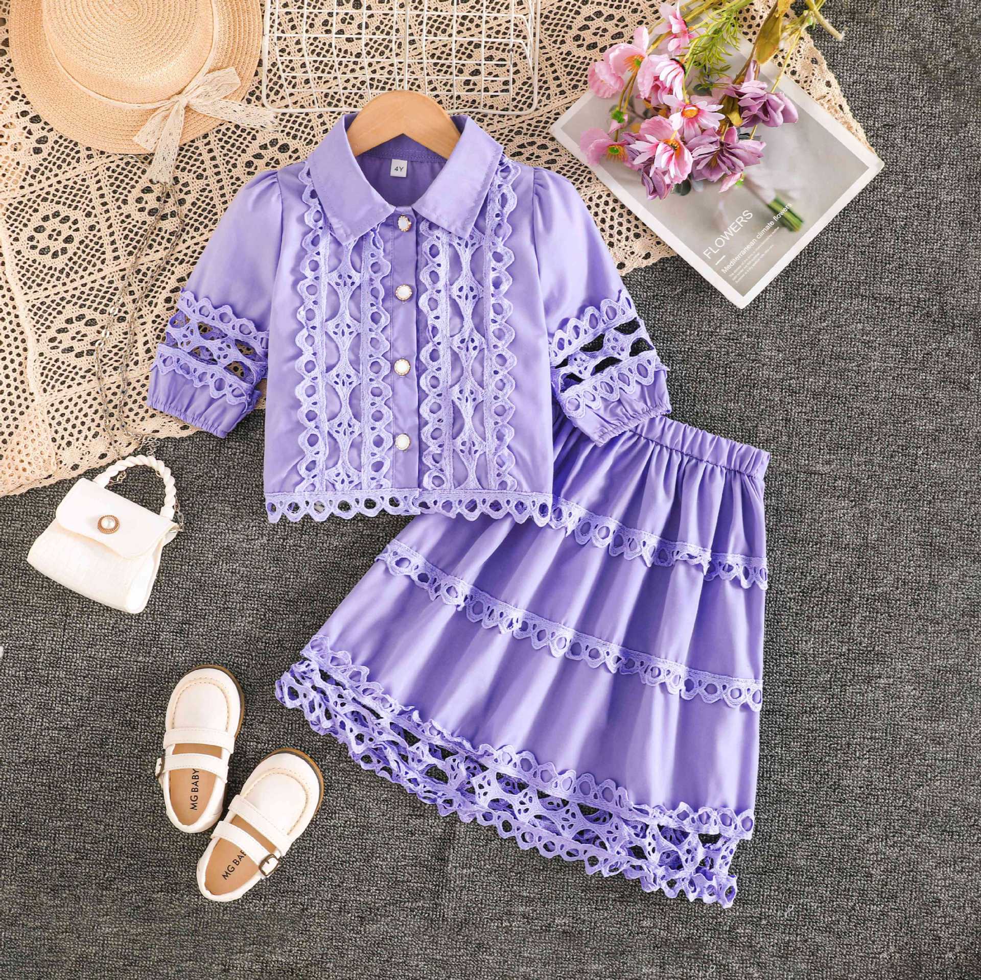 Girls Spring Summer Outfit Set Lace Ruffle Stand Collar Top with Hollow Out Trim and Cropped 3/4 Sleeve Shirt Matching Lace Midi Short Skirt 2-Piece Fashion Clothing Set for Girls Ages 4–7