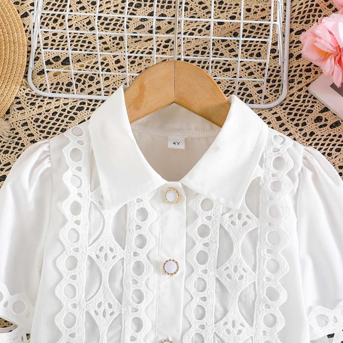 Girls Spring Summer Outfit Set Lace Ruffle Stand Collar Top with Hollow Out Trim and Cropped 3/4 Sleeve Shirt Matching Lace Midi Short Skirt 2-Piece Fashion Clothing Set for Girls Ages 4–7