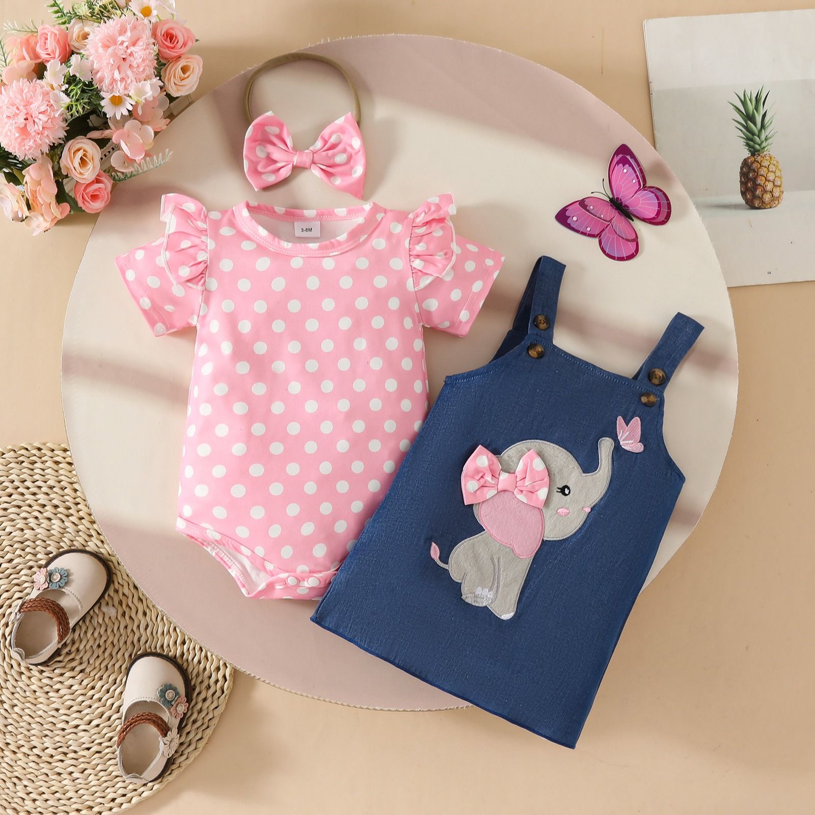 Baby Girl Outfit Set 0–18 Months Polka Dot Short Sleeve Triangle Romper with Faux Denim Elephant & Butterfly Embroidered Suspender Dress and Bow Headband 3-Piece Infant Clothing Set
