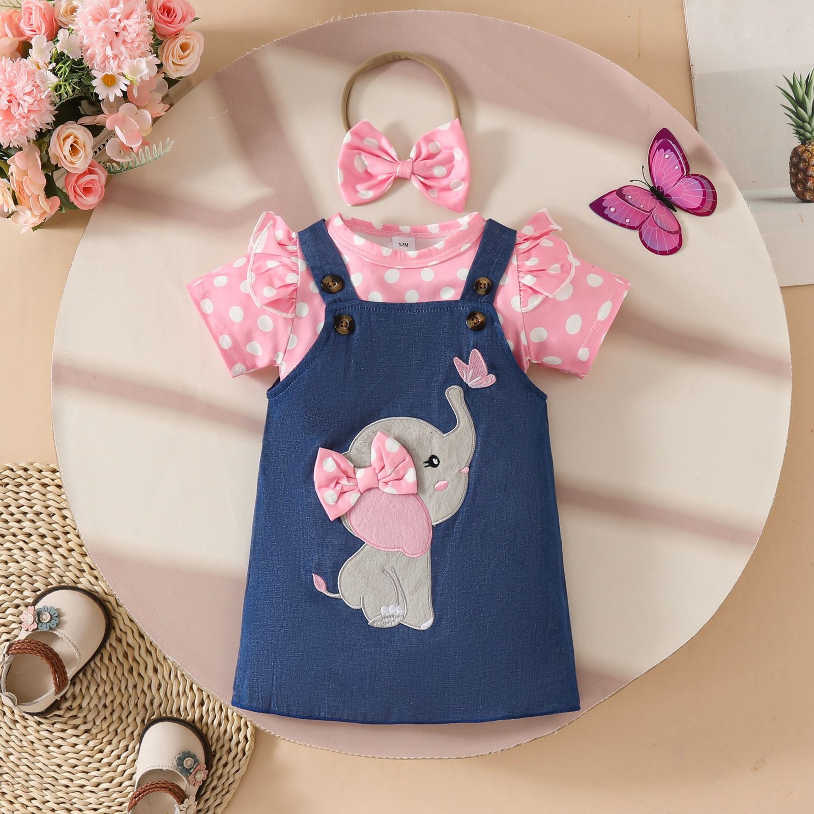 Baby Girl Outfit Set 0–18 Months Polka Dot Short Sleeve Triangle Romper with Faux Denim Elephant & Butterfly Embroidered Suspender Dress and Bow Headband 3-Piece Infant Clothing Set
