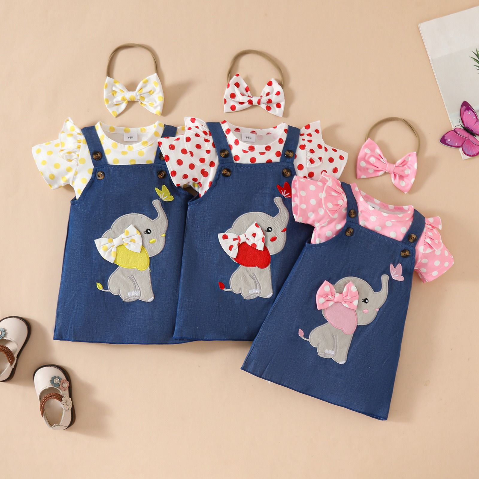 Baby Girl Outfit Set 0–18 Months Polka Dot Short Sleeve Triangle Romper with Faux Denim Elephant & Butterfly Embroidered Suspender Dress and Bow Headband 3-Piece Infant Clothing Set