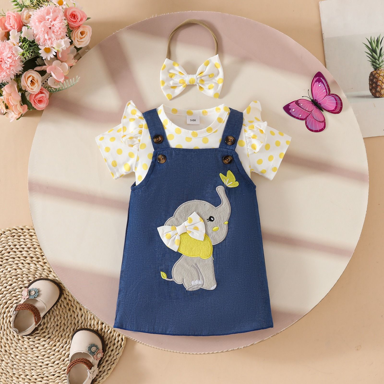 Baby Girl Outfit Set 0–18 Months Polka Dot Short Sleeve Triangle Romper with Faux Denim Elephant & Butterfly Embroidered Suspender Dress and Bow Headband 3-Piece Infant Clothing Set