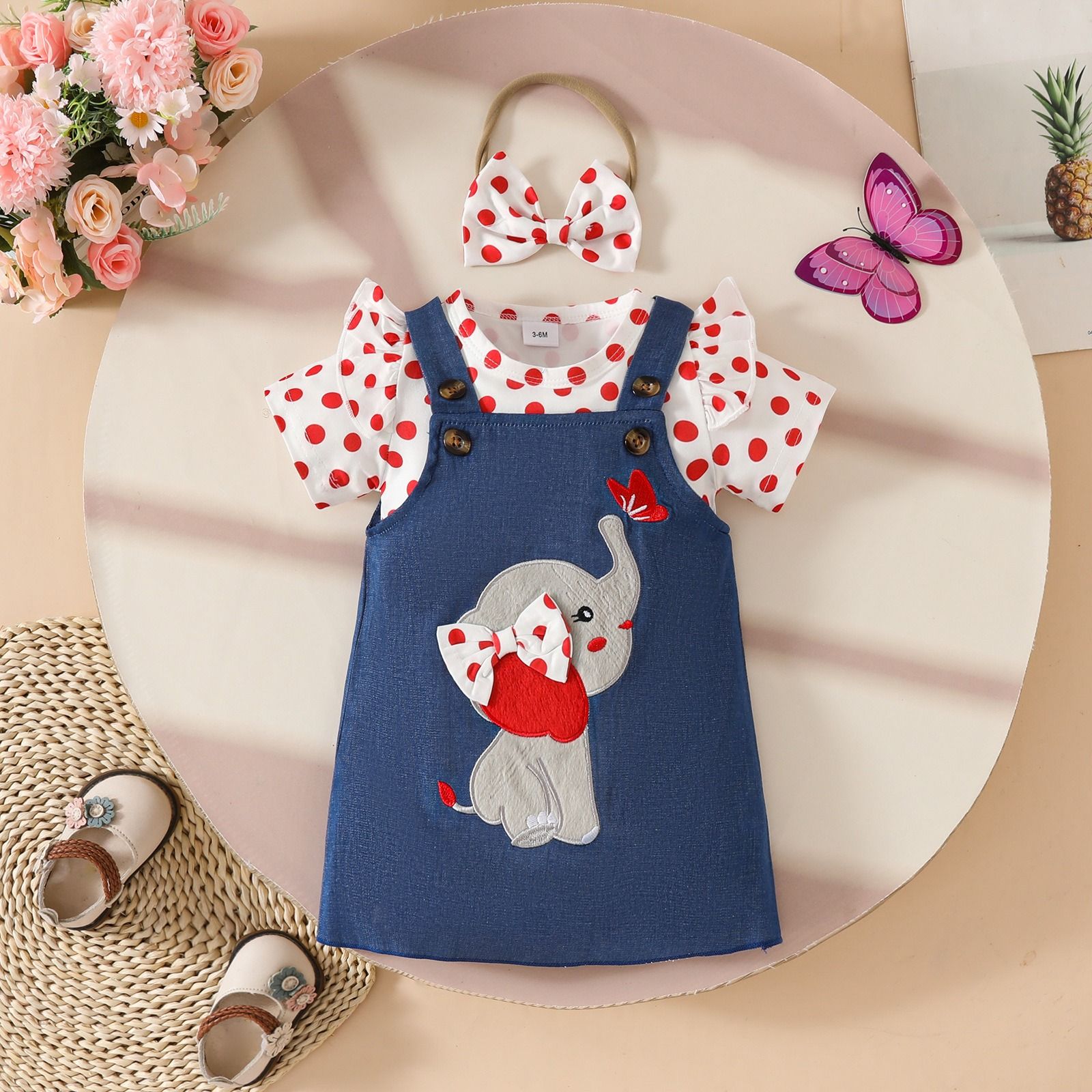 Baby Girl Outfit Set 0–18 Months Polka Dot Short Sleeve Triangle Romper with Faux Denim Elephant & Butterfly Embroidered Suspender Dress and Bow Headband 3-Piece Infant Clothing Set