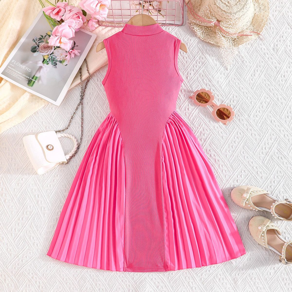 Girls Summer Dress Set for Ages 2–7 Elegant Sleeveless Pleated Patchwork Party Dress with Waist Detail 2-Piece Outfit with Necklace Kids Formal Occasion Dress for Girls