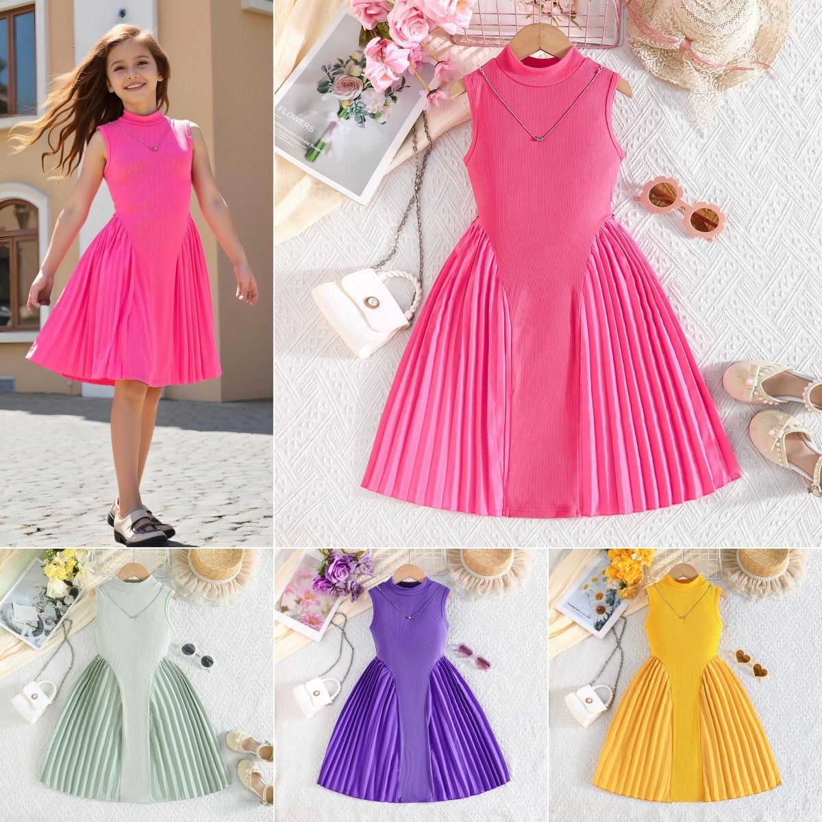 Girls Summer Dress Set for Ages 2–7 Elegant Sleeveless Pleated Patchwork Party Dress with Waist Detail 2-Piece Outfit with Necklace Kids Formal Occasion Dress for Girls