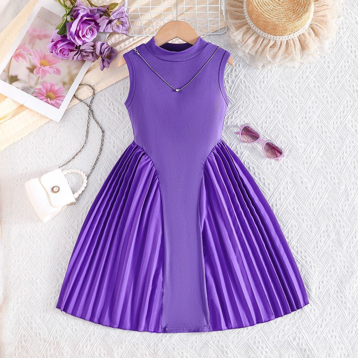 Girls Summer Dress Set for Ages 2–7 Elegant Sleeveless Pleated Patchwork Party Dress with Waist Detail 2-Piece Outfit with Necklace Kids Formal Occasion Dress for Girls