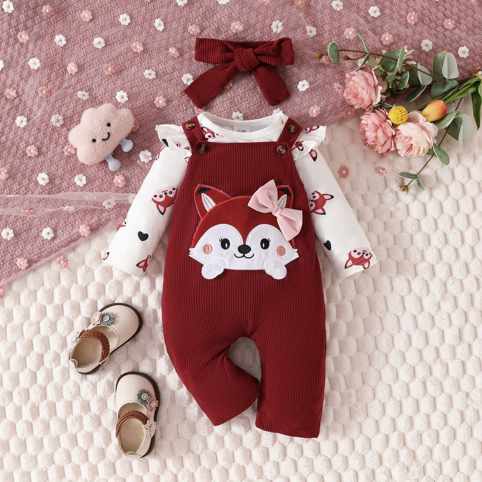 Girls 3 Piece Clothing Set Baby Long Sleeve Cute Fox & Heart Print Bow Romper with Corduroy Bow Suspender Pants and Bow Headband Infant Toddler Clothing Set 3-Piece Baby Outfit Set 0–18 Months