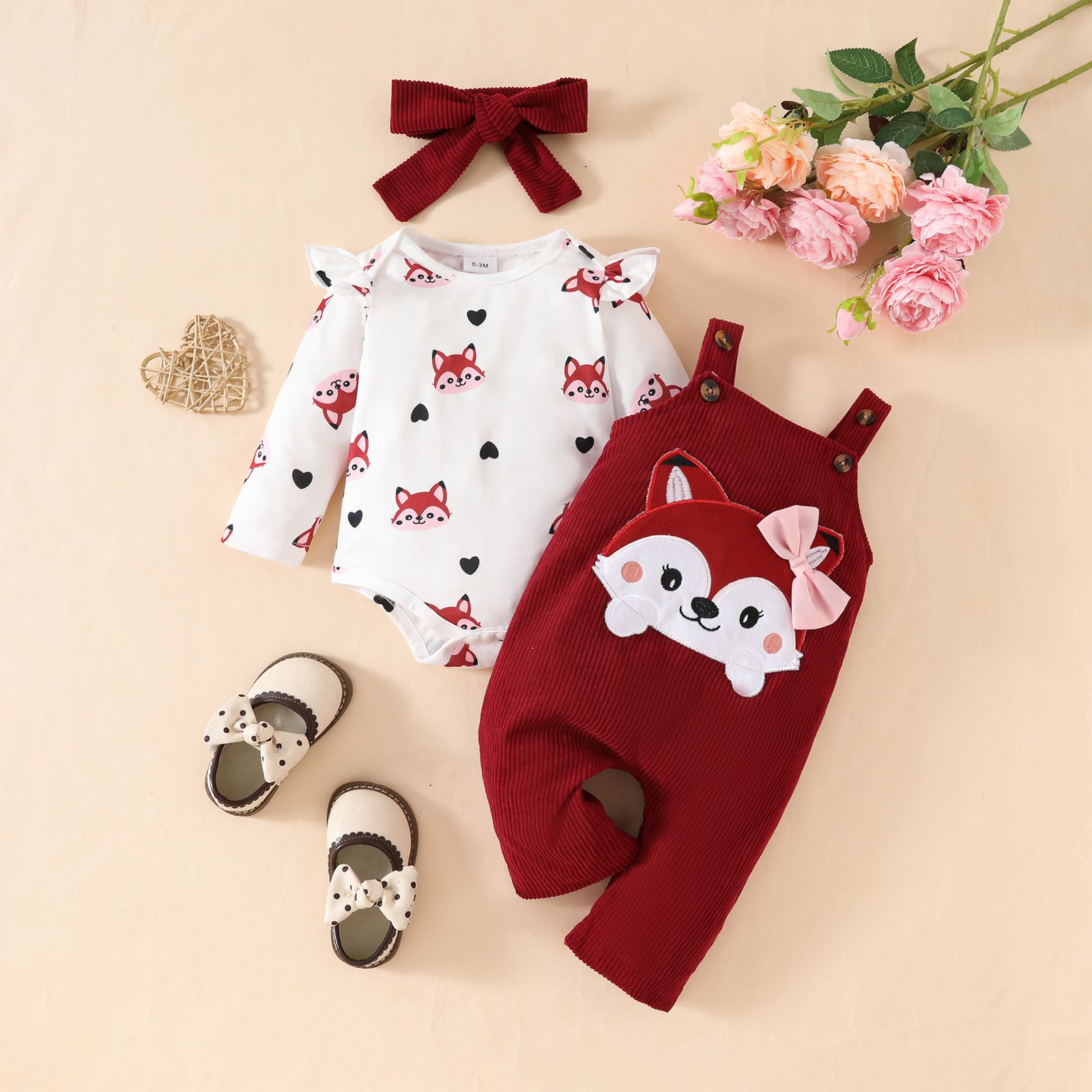 Girls 3 Piece Clothing Set Baby Long Sleeve Cute Fox & Heart Print Bow Romper with Corduroy Bow Suspender Pants and Bow Headband Infant Toddler Clothing Set 3-Piece Baby Outfit Set 0–18 Months