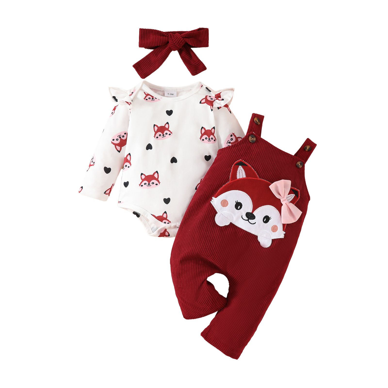 Girls 3 Piece Clothing Set Baby Long Sleeve Cute Fox & Heart Print Bow Romper with Corduroy Bow Suspender Pants and Bow Headband Infant Toddler Clothing Set 3-Piece Baby Outfit Set 0–18 Months