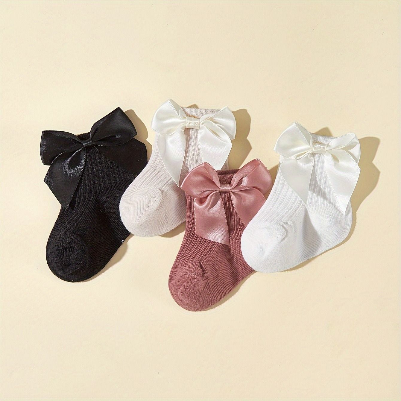 4 Pairs Baby Socks Class A Cotton Ins Cute Socks Newborn Infant Girl Bow Princess Socks Kids Ankle Socks Elegant Dress Socks for Birthday Gifts