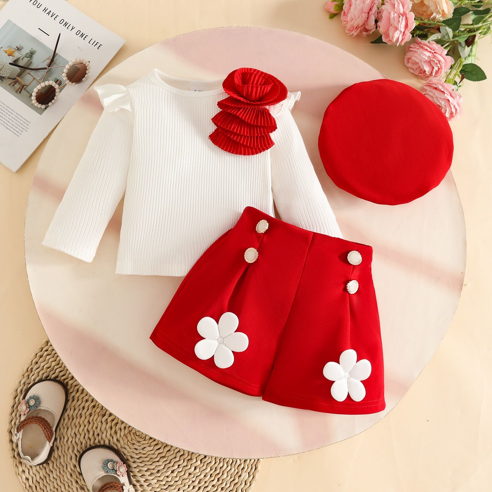 Fashion Sweet Baby Girl Outfit Set 6 Months–3 Years Ribbed Long Sleeve Appliqué Top with Decorative Button Shorts and Beret Hat 3-Piece Floral Cute Elegant Infant Toddler Clothing Set