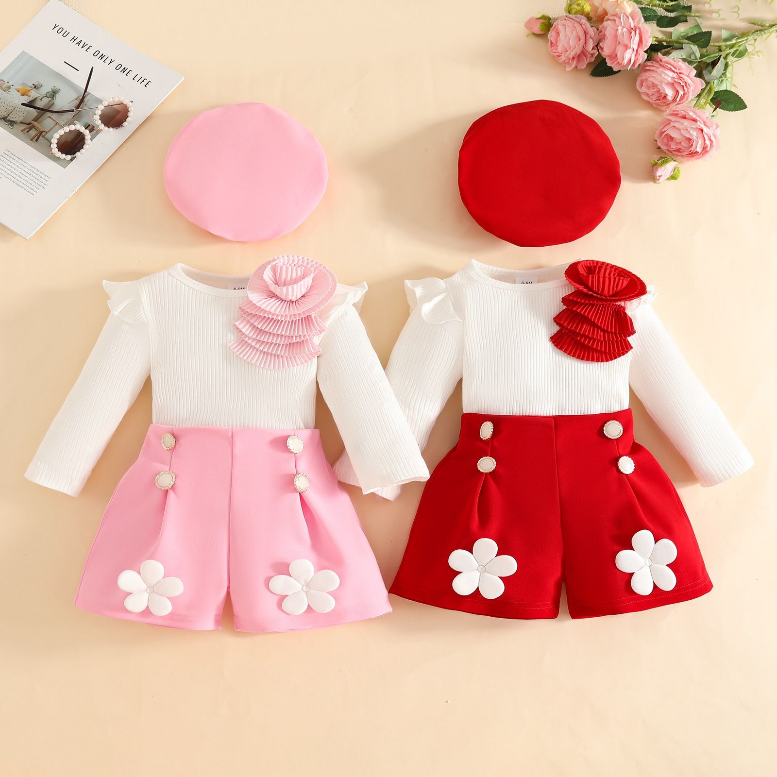 Fashion Sweet Baby Girl Outfit Set 6 Months–3 Years Ribbed Long Sleeve Appliqué Top with Decorative Button Shorts and Beret Hat 3-Piece Floral Cute Elegant Infant Toddler Clothing Set