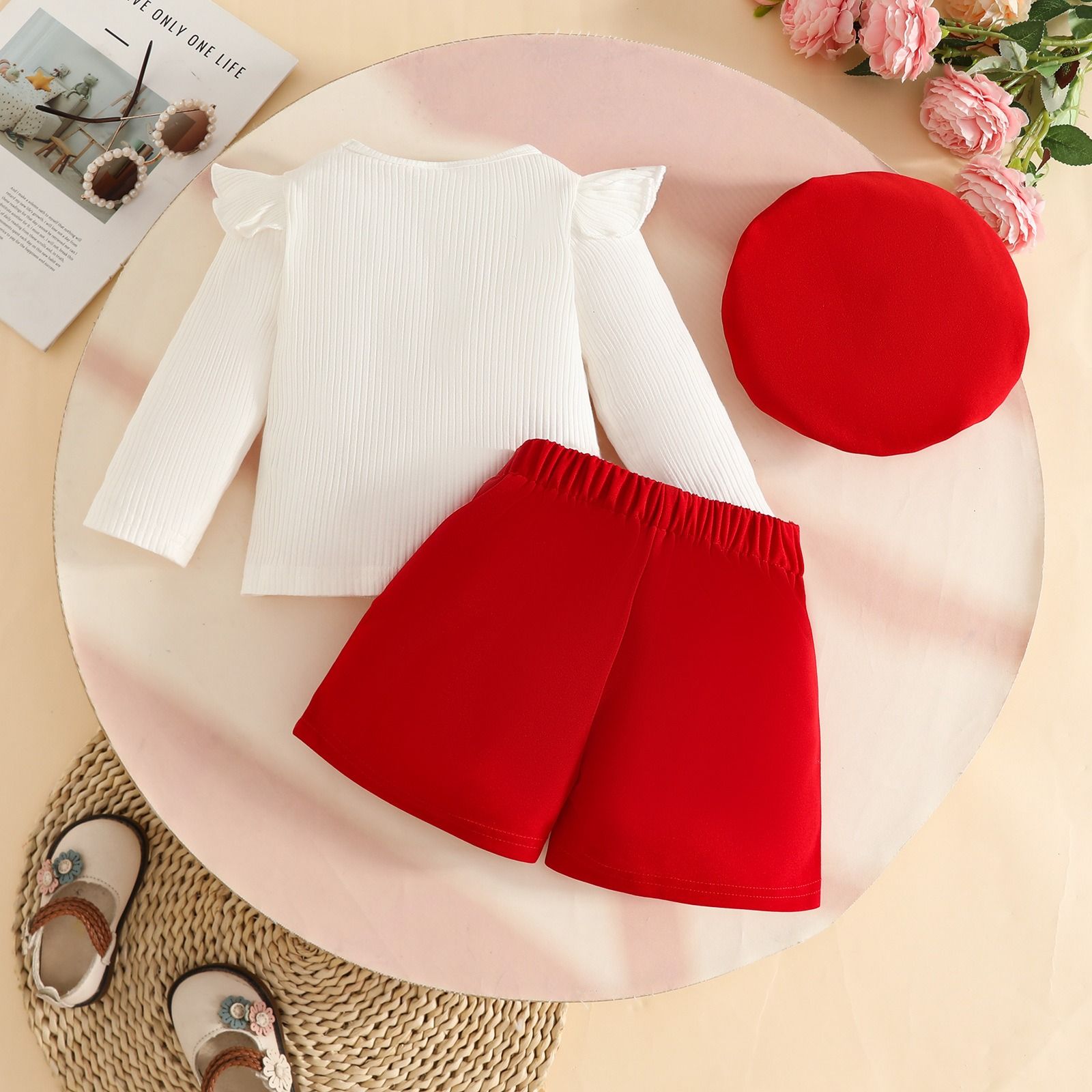 Fashion Sweet Baby Girl Outfit Set 6 Months–3 Years Ribbed Long Sleeve Appliqué Top with Decorative Button Shorts and Beret Hat 3-Piece Floral Cute Elegant Infant Toddler Clothing Set