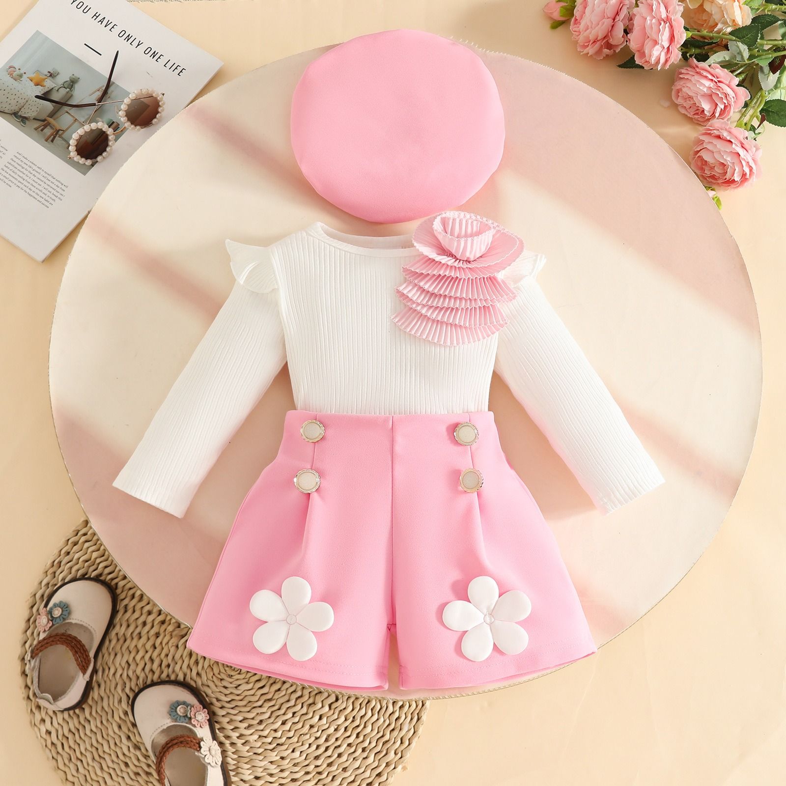 Fashion Sweet Baby Girl Outfit Set 6 Months–3 Years Ribbed Long Sleeve Appliqué Top with Decorative Button Shorts and Beret Hat 3-Piece Floral Cute Elegant Infant Toddler Clothing Set
