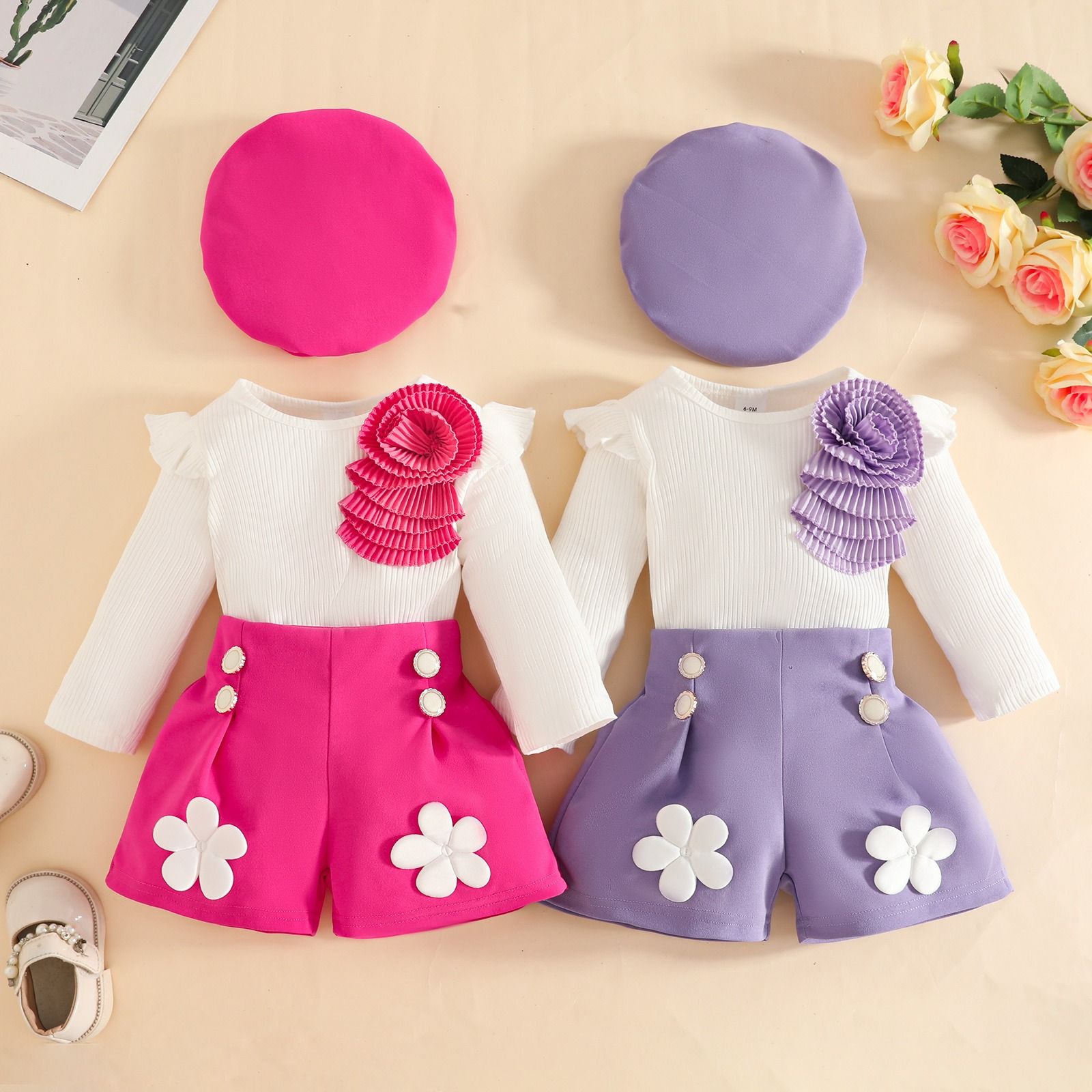 Fashion Sweet Baby Girl Outfit Set 6 Months–3 Years Ribbed Long Sleeve Appliqué Top with Decorative Button Shorts and Beret Hat 3-Piece Floral Cute Elegant Infant Toddler Clothing Set