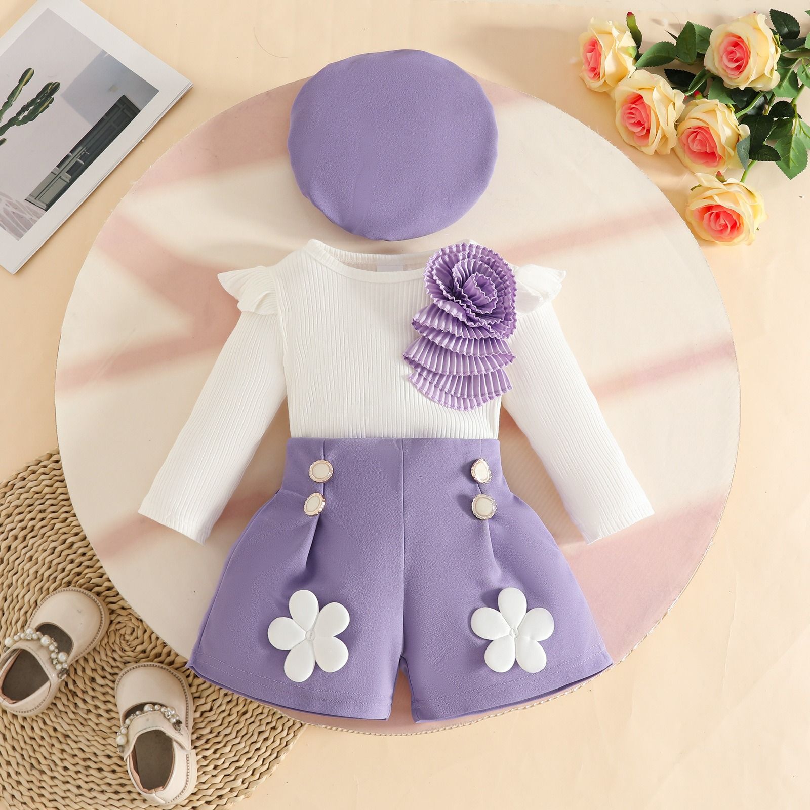 Fashion Sweet Baby Girl Outfit Set 6 Months–3 Years Ribbed Long Sleeve Appliqué Top with Decorative Button Shorts and Beret Hat 3-Piece Floral Cute Elegant Infant Toddler Clothing Set
