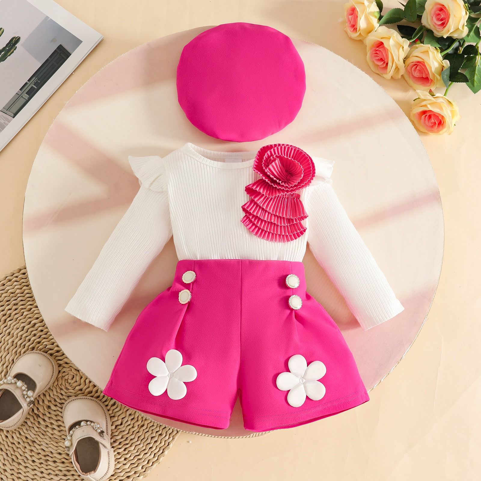 Fashion Sweet Baby Girl Outfit Set 6 Months–3 Years Ribbed Long Sleeve Appliqué Top with Decorative Button Shorts and Beret Hat 3-Piece Floral Cute Elegant Infant Toddler Clothing Set