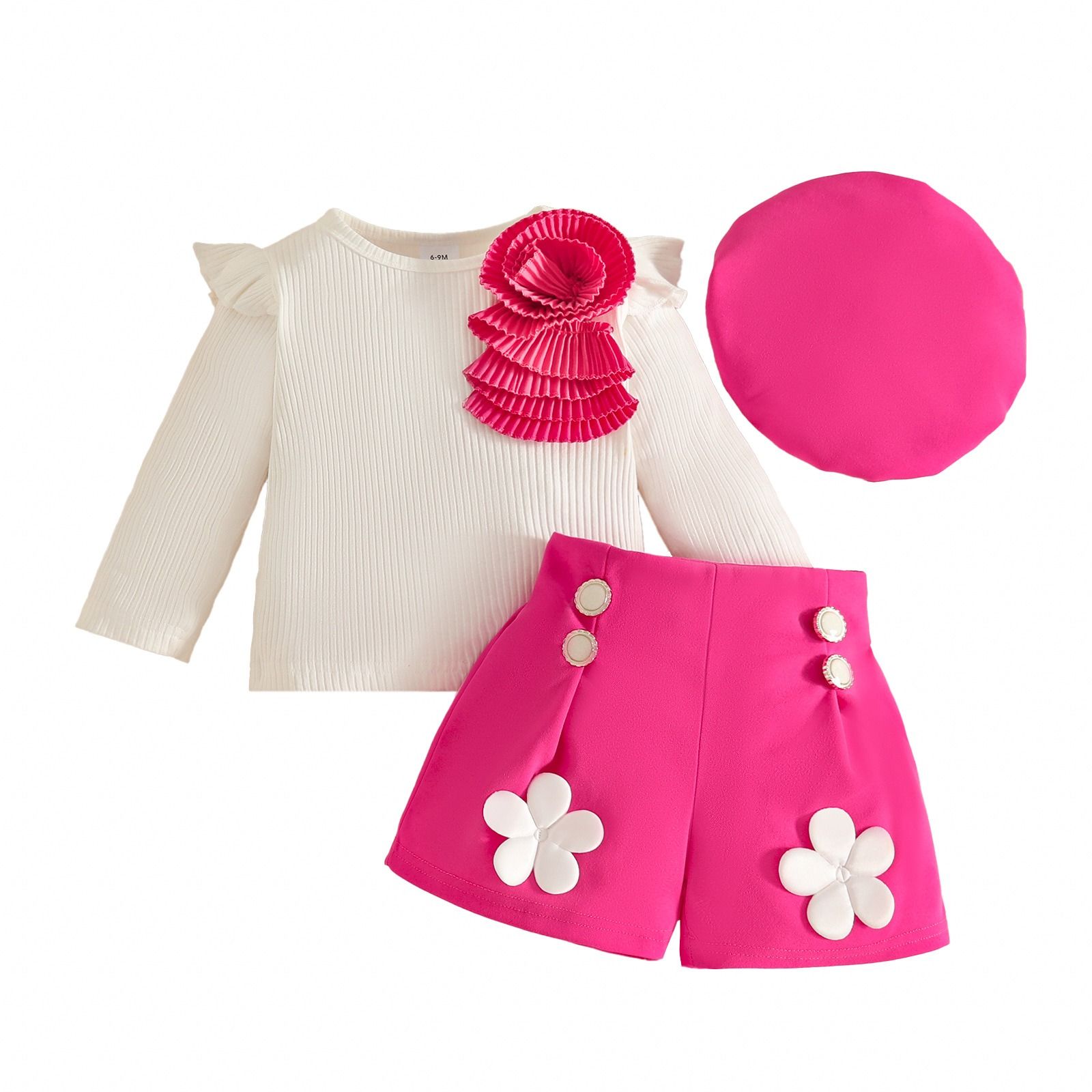 Fashion Sweet Baby Girl Outfit Set 6 Months–3 Years Ribbed Long Sleeve Appliqué Top with Decorative Button Shorts and Beret Hat 3-Piece Floral Cute Elegant Infant Toddler Clothing Set
