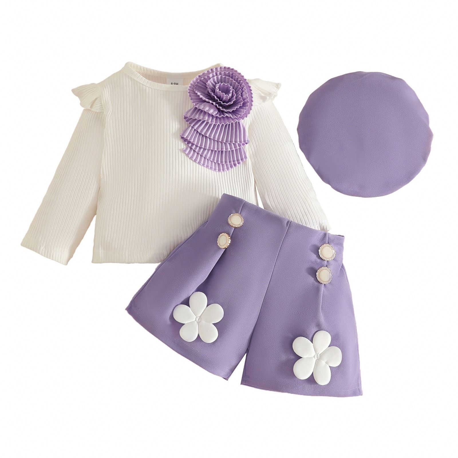 Fashion Sweet Baby Girl Outfit Set 6 Months–3 Years Ribbed Long Sleeve Appliqué Top with Decorative Button Shorts and Beret Hat 3-Piece Floral Cute Elegant Infant Toddler Clothing Set