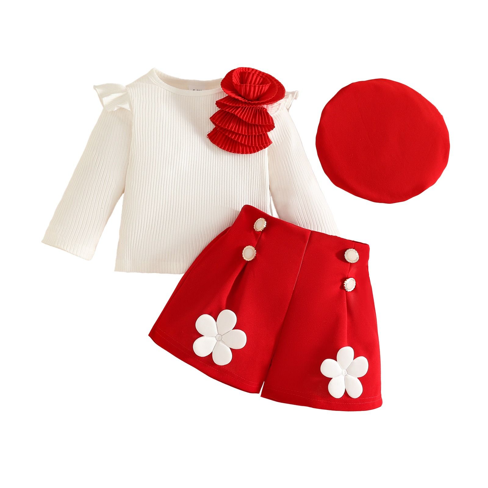 Fashion Sweet Baby Girl Outfit Set 6 Months–3 Years Ribbed Long Sleeve Appliqué Top with Decorative Button Shorts and Beret Hat 3-Piece Floral Cute Elegant Infant Toddler Clothing Set