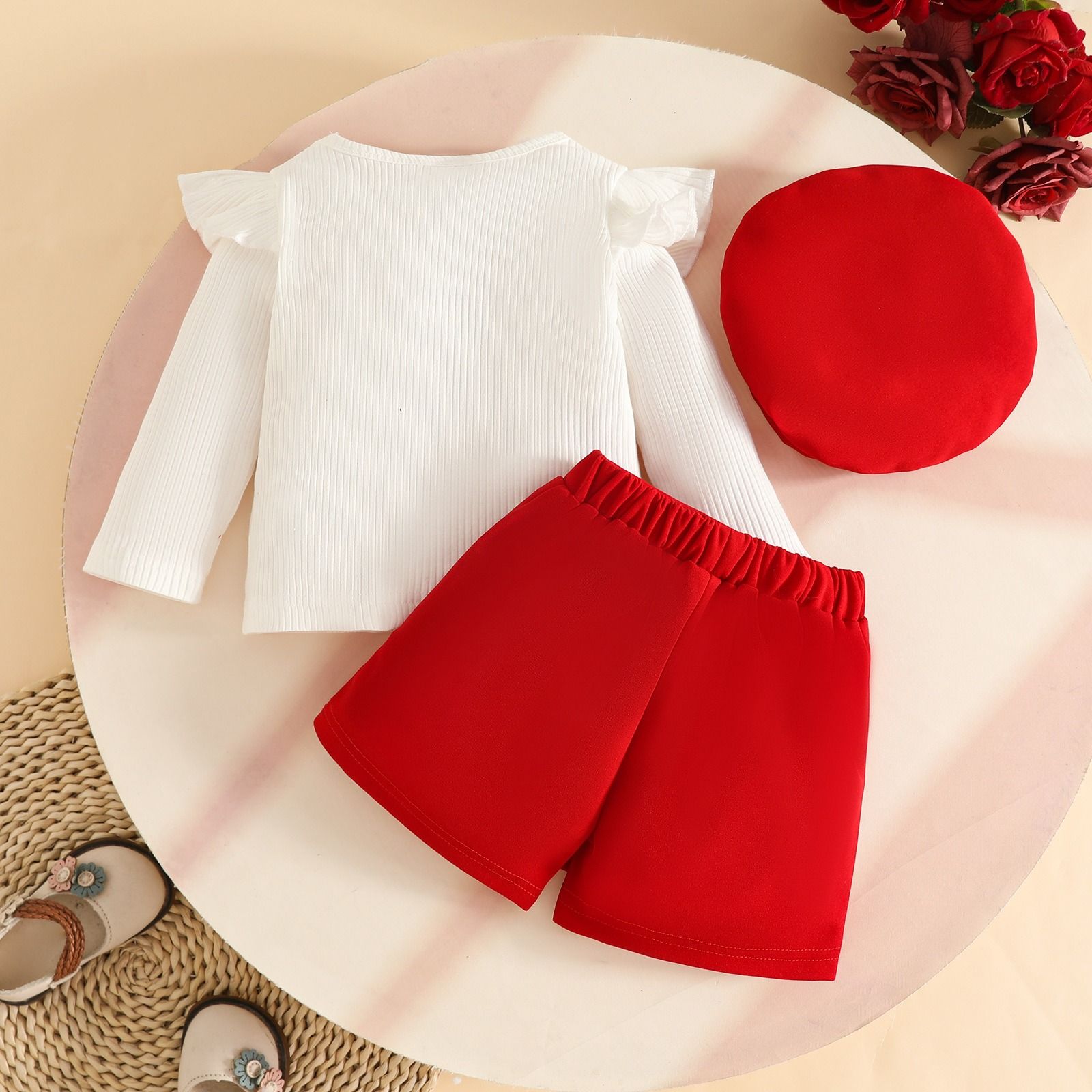 3-Piece Baby Toddler Outfit Set  Long Sleeve Striped Top Skort Beret Hat Set Floral Pearl Embellished Girls Clothing Set Fashion Kids Clothing Sets Baby Girls Clothing