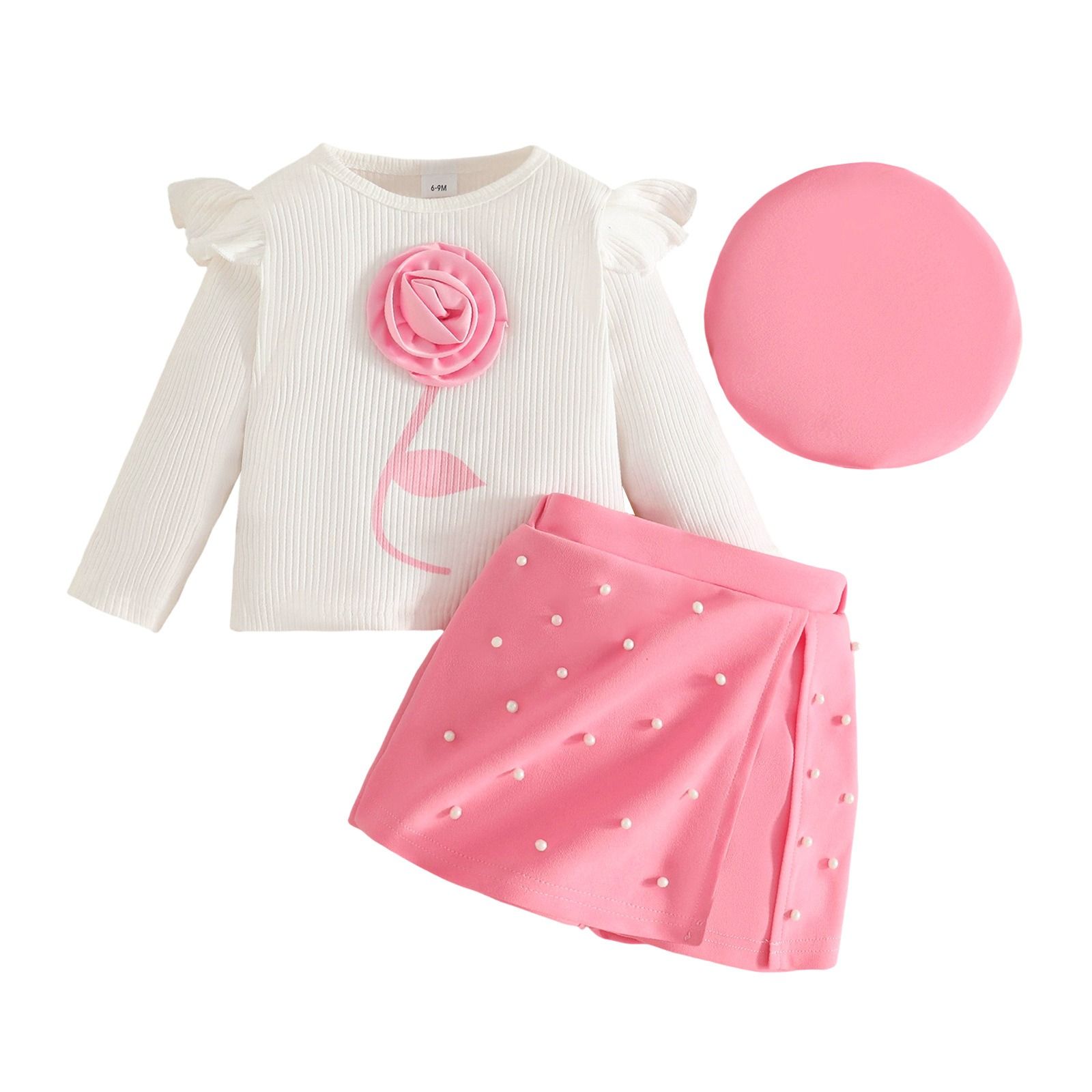 3-Piece Baby Toddler Outfit Set  Long Sleeve Striped Top Skort Beret Hat Set Floral Pearl Embellished Girls Clothing Set Fashion Kids Clothing Sets Baby Girls Clothing
