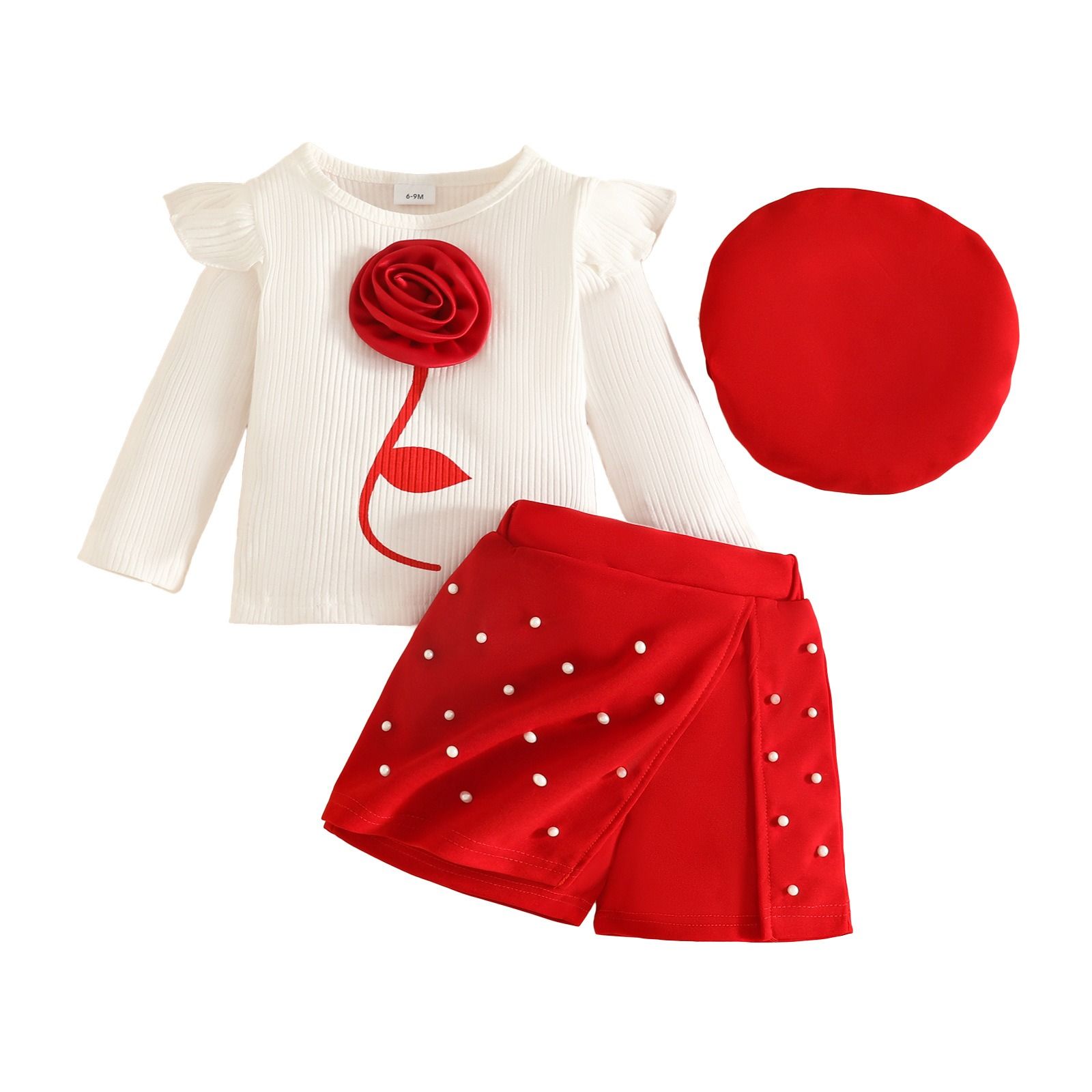 3-Piece Baby Toddler Outfit Set  Long Sleeve Striped Top Skort Beret Hat Set Floral Pearl Embellished Girls Clothing Set Fashion Kids Clothing Sets Baby Girls Clothing